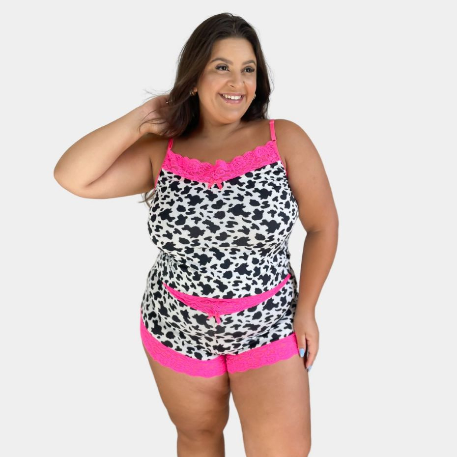 Pijama Baby Doll  Microfibra Plus Size Vaquinha Com Renda Neon Confortável