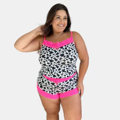 Pijama Baby Doll Microfibra Plus Size Vaquinha Com Renda Neon Confortável