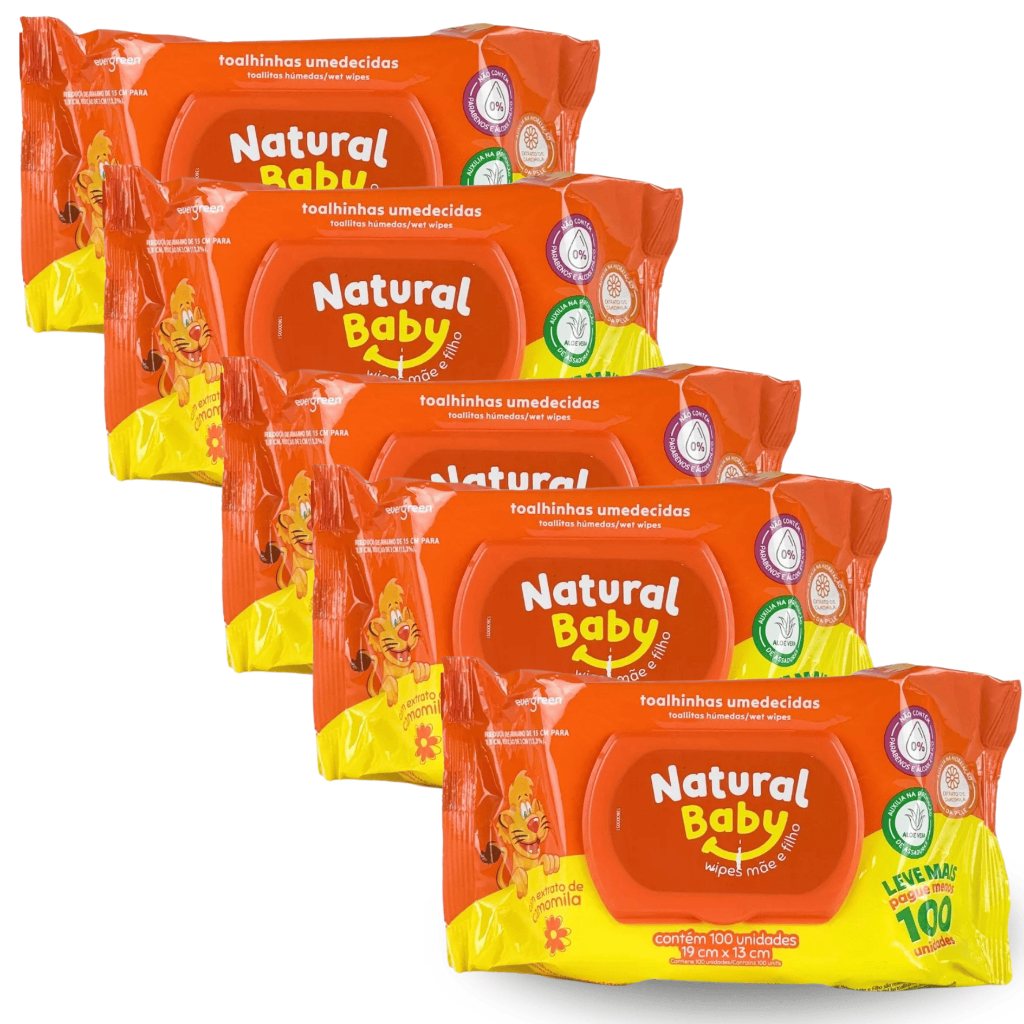 Kit 5 Pacotes Lenço Umedecido Natural Baby Wipes - 100 Unidades Cada