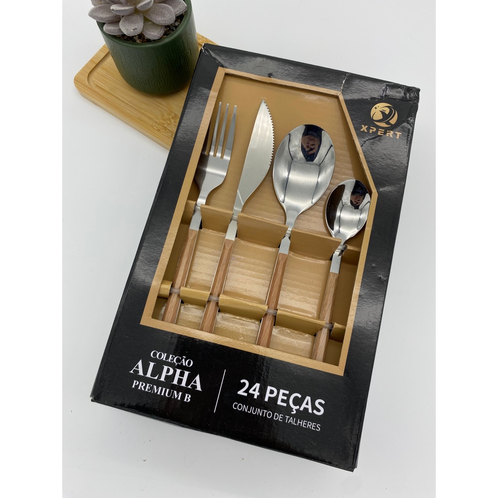 CONJUNTO DE TALHERES LUXO MADEIRA 24 PCS EM INOX - COLEÇÃO ALPHA PREMIUM B COZINHA PRESENTES