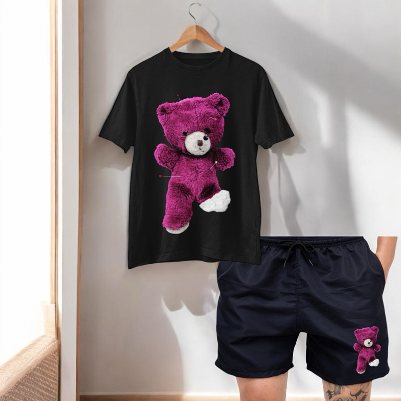 Kit Conjunto Camiseta Blusa Short Bermuda Estampada Urso Slim Camisa Blusa Algodão 30.1 Mauricinho
