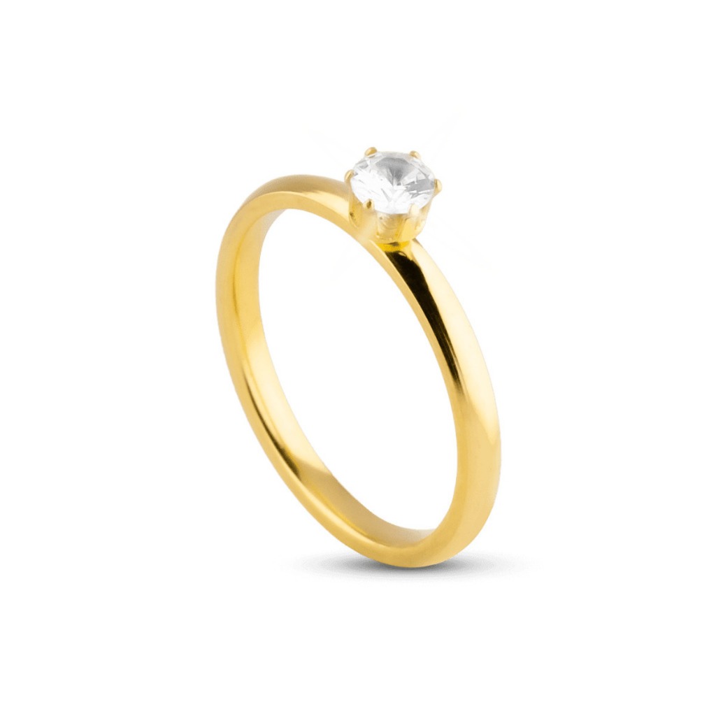 Anel Solitário Banhado a Ouro 24K 3mm liso com única pedra Noivado Casamento