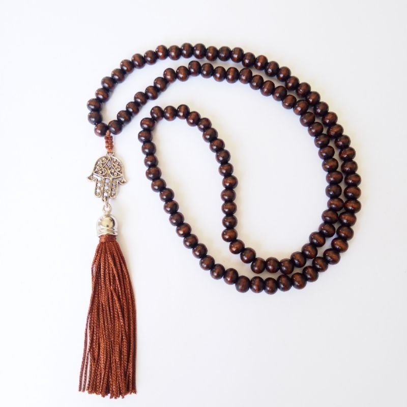 Imagem Japamala 108 Contas De Madeira Com Pingente Mão De Fátima Rosário Budista Ref:109