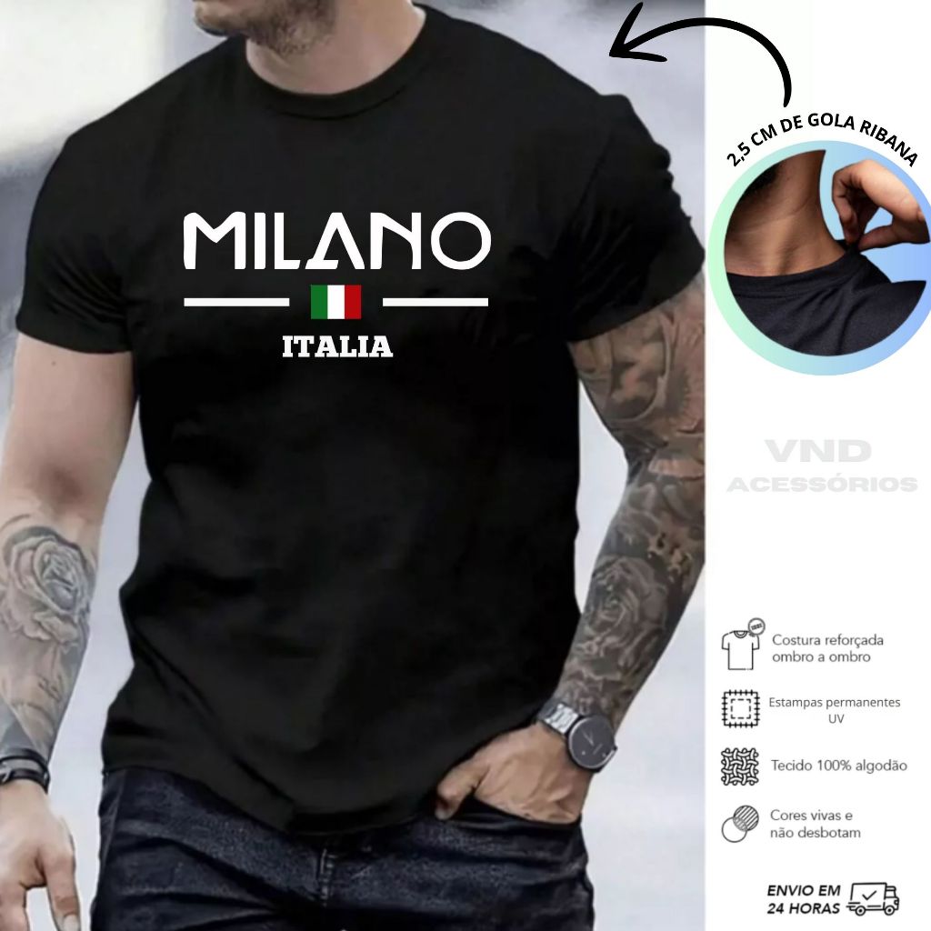 Camiseta Masculina Milano Italia Camisa Estampada 100% algodão Malha 30.1 Soft Premium T-Shirt