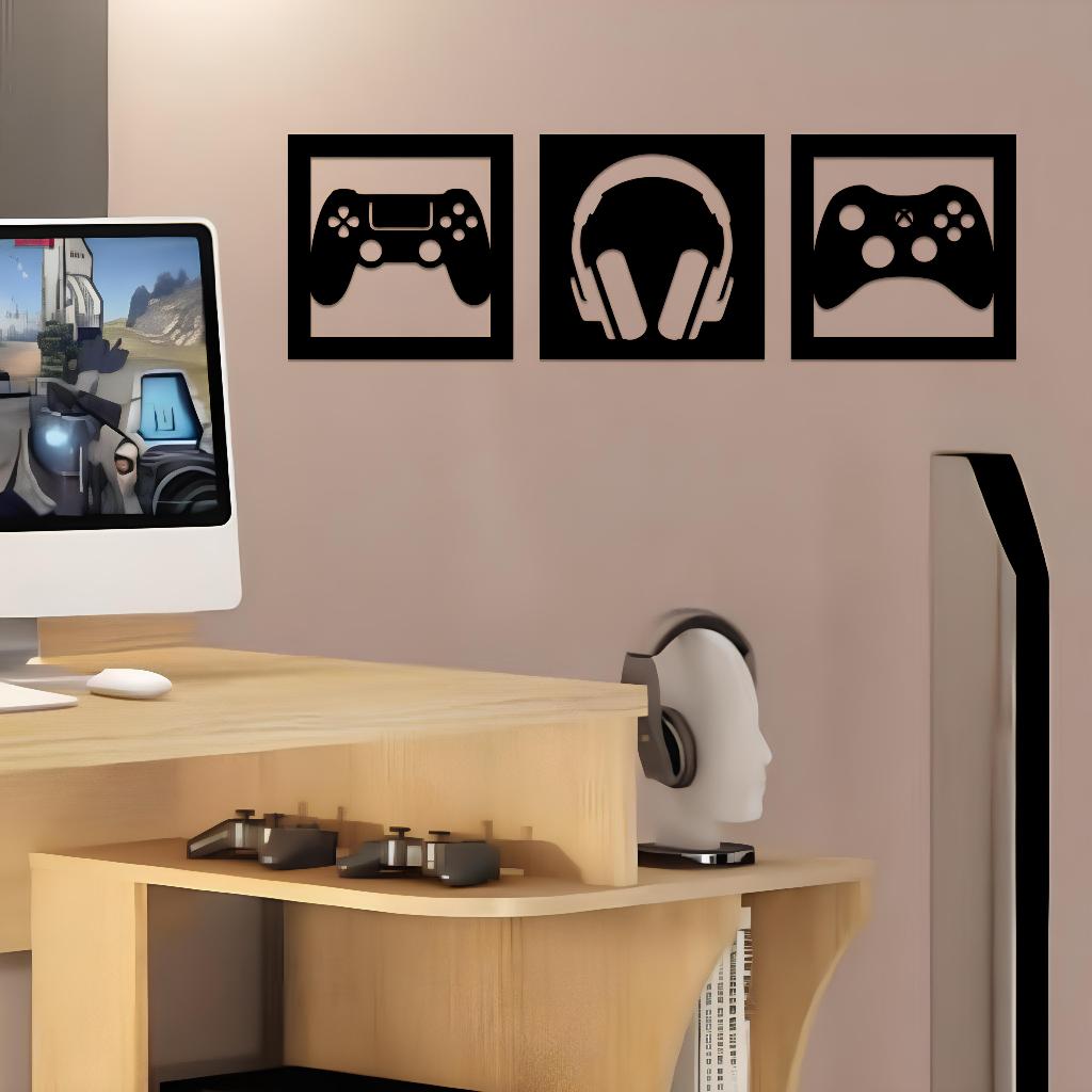 Kit 3 Quadros Gamer Decoração para Parede em Mdf 3mm Preto