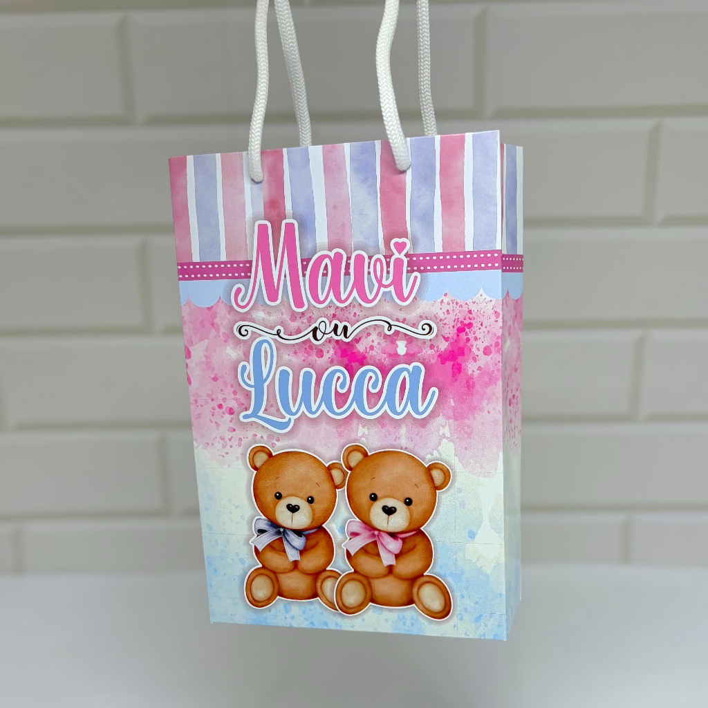 Sacolinha personalizada Chá Revelação ursinhos azul e rosa PEGUE E MONTE | Personalizados lembrancinhas mimos