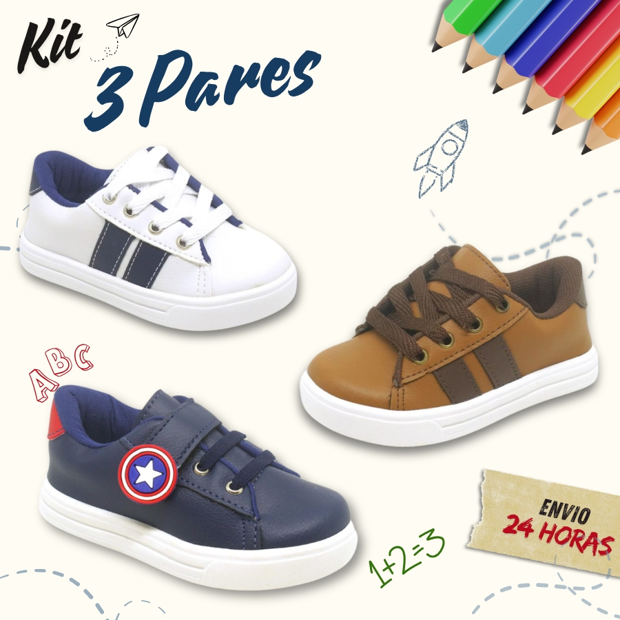 Kit 3 pares de tênis infantil calce fácil masculino estiloso e confortável em Oferta na Shopee