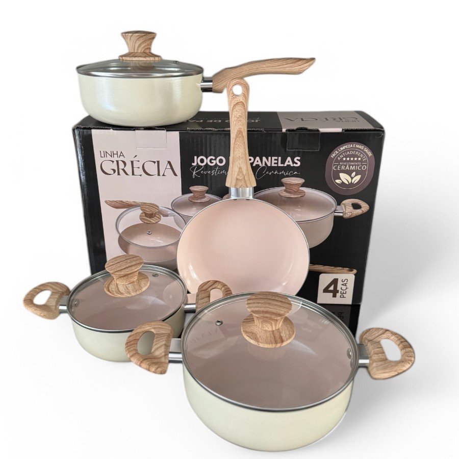 Jogo De Panela 4 Peças Revestimento Cêramica Antiaderente Creme Bege