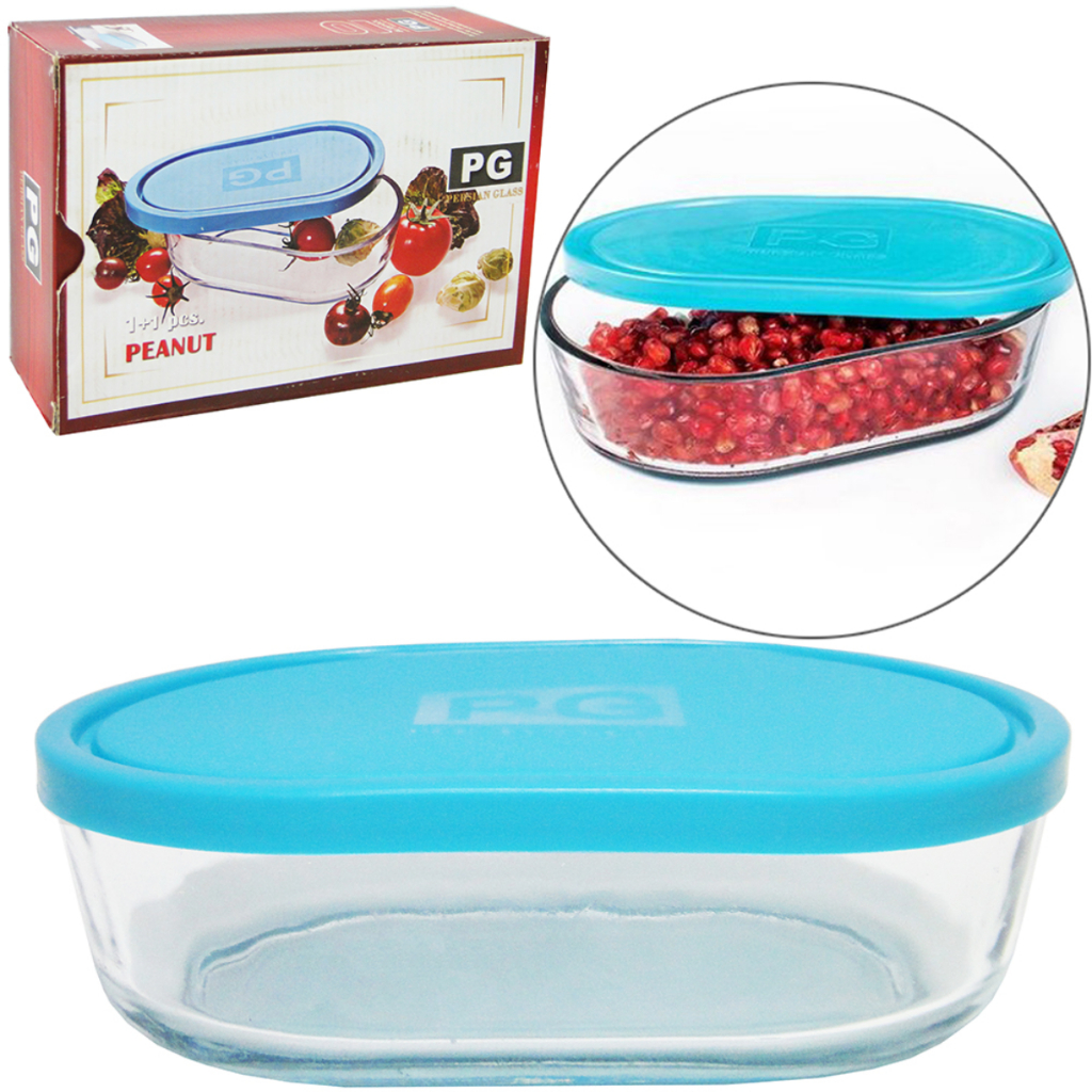 TIGELA SALADEIRA DE VIDRO OVAL COM TAMPA DE PLASTICO PEANUT 1L 21X14X6CM NA CAIXA