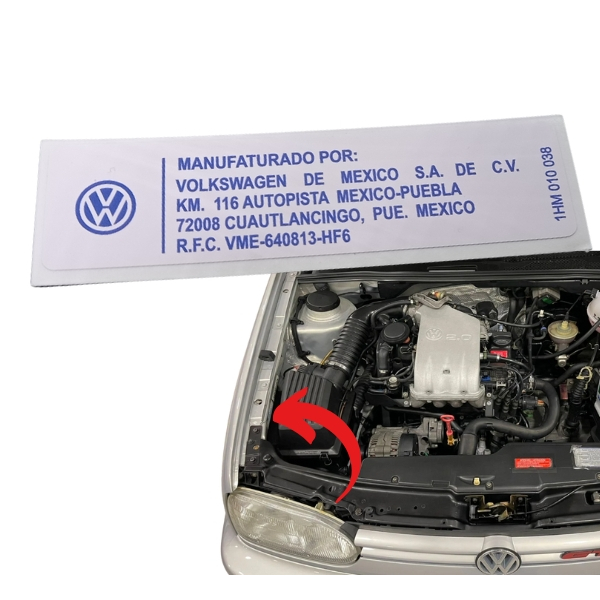 ADESIVO MANUFATURADO POR VOLKSWAGEN DE MÉXICO S.A / COFRE MOTOR GOLF MK3, JETTA, PASSAT MK3