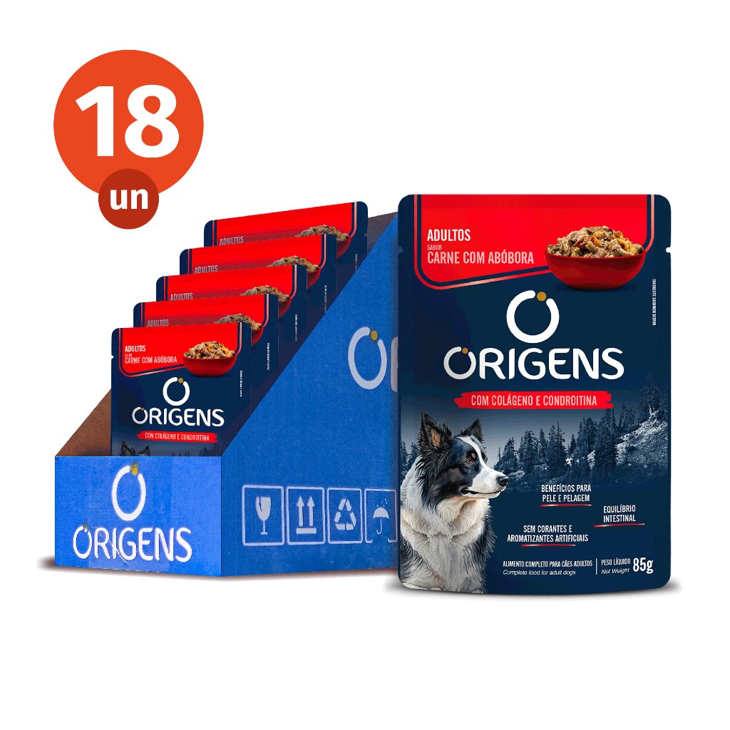 Kit CAIXA FECHADA 18 Sachê Origens Cães Adultos Sabor Carne Com Abóbora Todos os Portes Premium Especial 85g Adimax - Pets