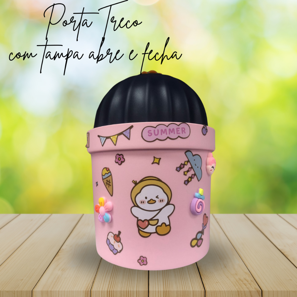 Lixeirinha Porta-Treco Cacto Fofo Decorativa Rosa e Azul - Tampa Abre e Fecha + Botões e Adesivos