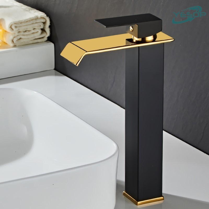 Torneira Preta Dourada Banheiro Misturador Monocomando Bica Alta Lavabo Luxo 30cm Yesop - Home & Living