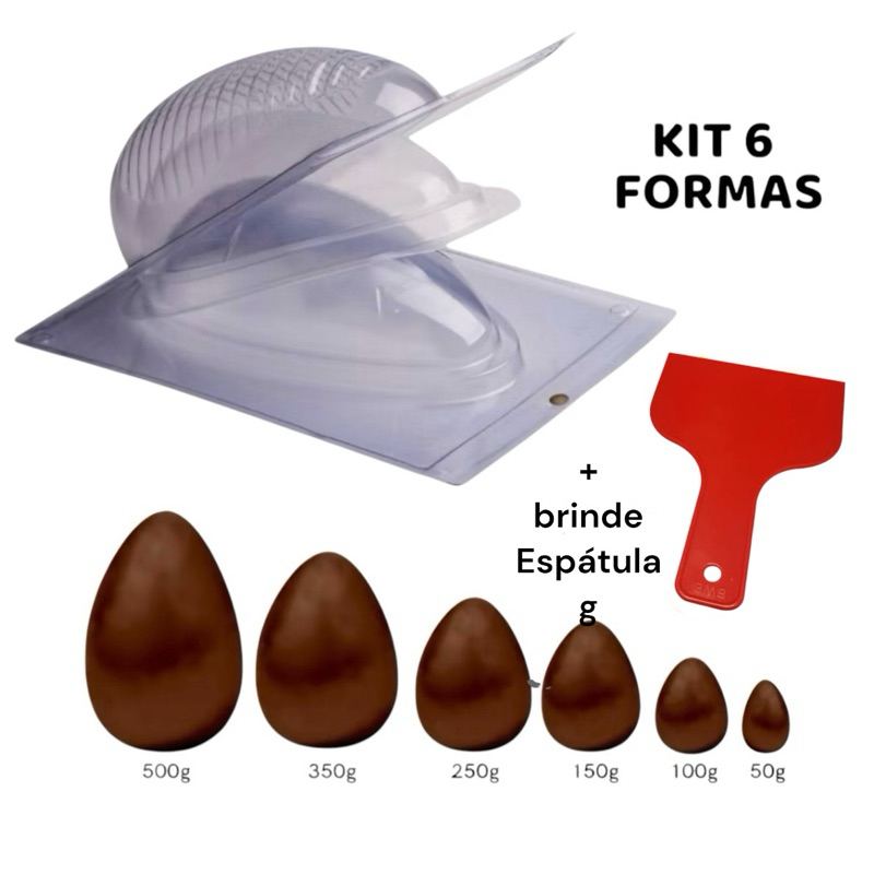 Kit 6 Formas Ovo de Páscoa 50/100/150/250/350/500g C/ Silicone BWB Espátula - Home & Living