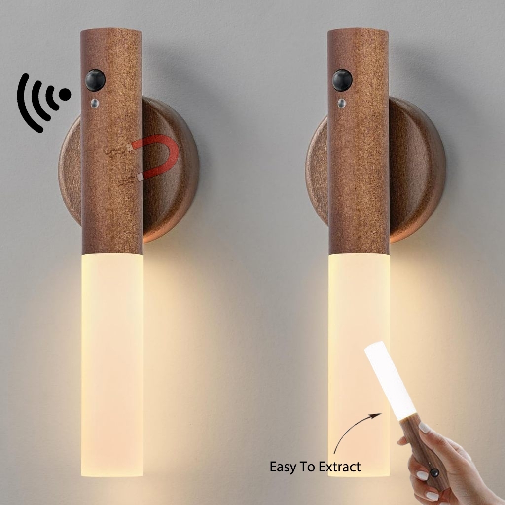 Luminaria Luz Led Recarregável Sensor de Movimento Arandela de Madeira Minimalista Para Mesa Parede