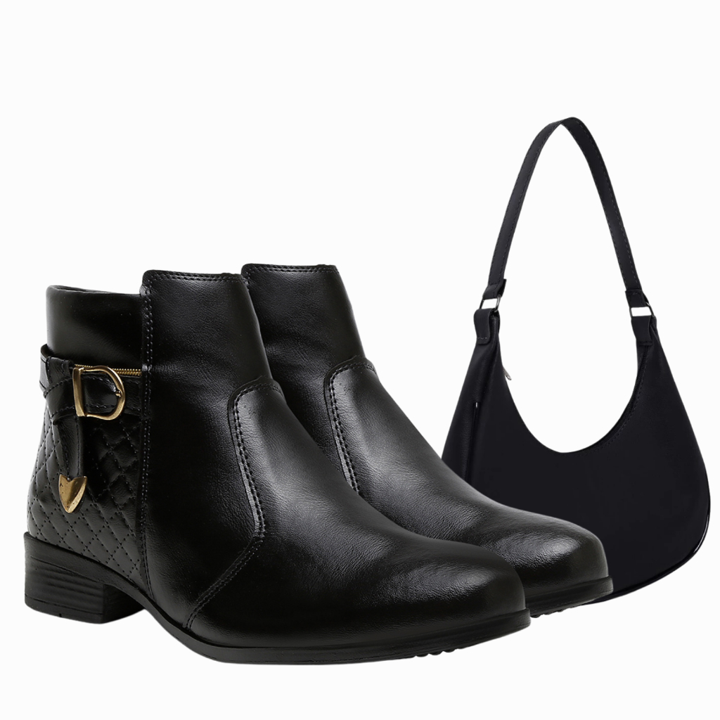 BOTA CANO CURTO SALTO MÉDIO FECHAMENTO EM ZÍPER + BOLSA MEIA LUA VERSÁTIL COM ALÇA REGULAV...