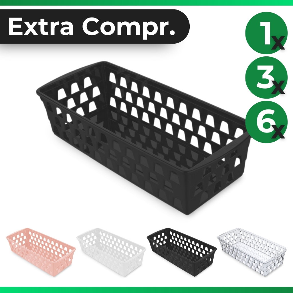 Kit 6, 3 ou 1 Cesto Organizador de Geladeira Multiuso Extra Comprido Branco Preto Rosa Transparente