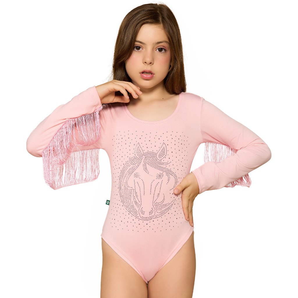 Body Infantil Manga Longa Franja Rosa Claro Strass Pedraria Country
