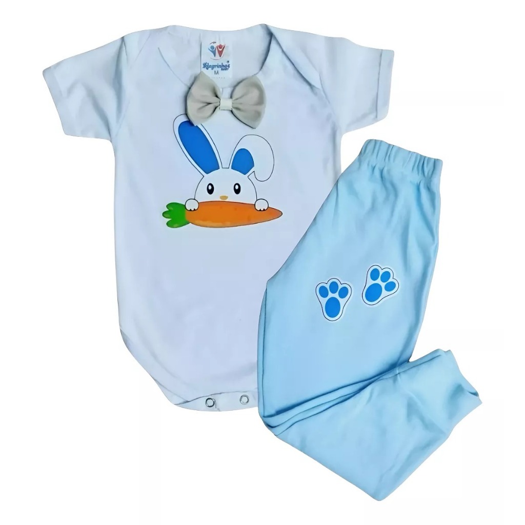 Body Coelhinho Bebê Menino Roupa Mesversário Ensaio C/ Calça Conjunto Páscoa Temático Infantil