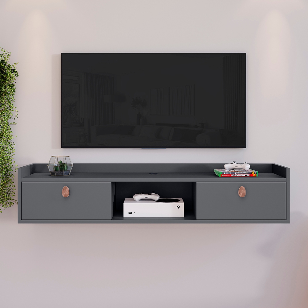 Rack Suspenso Sala Tv 1.20cm Home LIFE Decoração Sala Quarto nicho 2 Porta Cor Cinza Painel TV