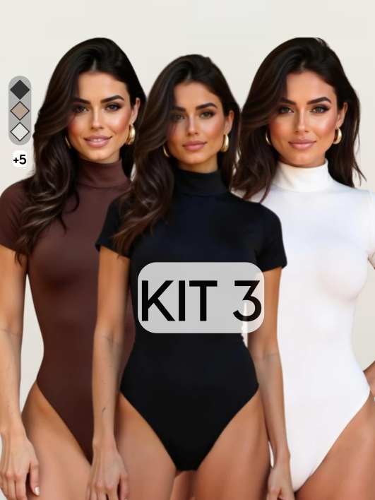 Kit 3 ou 2 Body Feminino Manga Curta Gola Alta Suplex Cacharrel Premium Moda Feminina