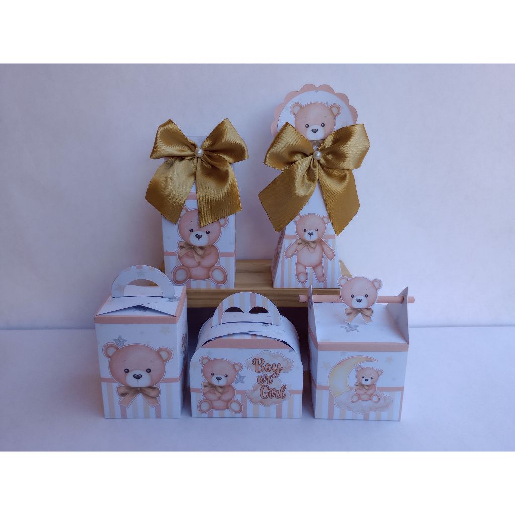 Kit PEGUE E MONTE TEMA URSINHO CHÁ REVELAÇÃO NEUTRO com 15,20,30,40,50 CAIXINHAS PERSONALIZADAS LEMBRANCINHAS