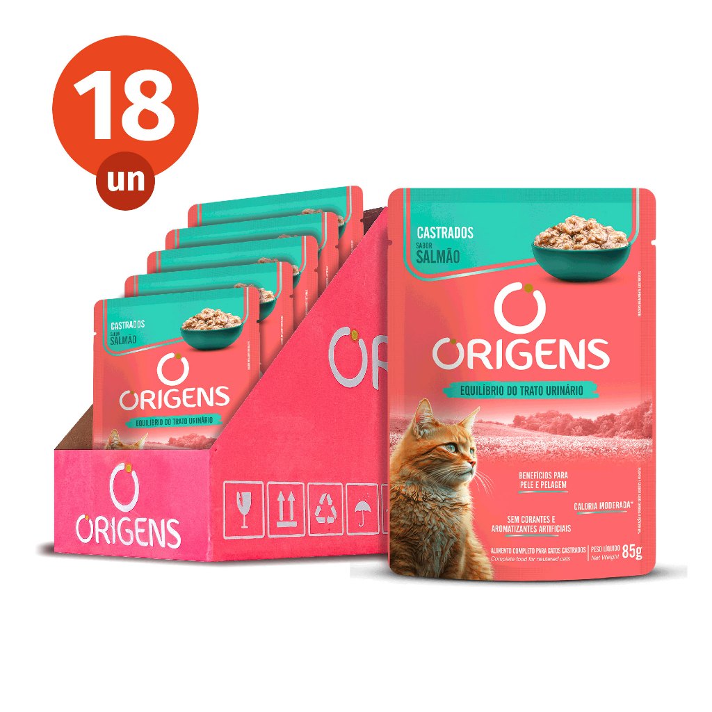 Kit CAIXA FECHADA 18 Sachê Origens Gatos Castrados Sabor Salmão Premium Especial 85g Adimax em Oferta na Shopee