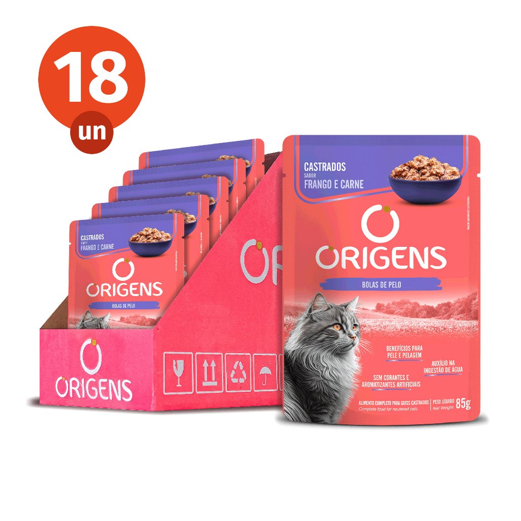 Kit CAIXA FECHADA 18 Sachê Origens Gatos Castrados Sabor Frango e Carne Premium Especial 85g Adimax
