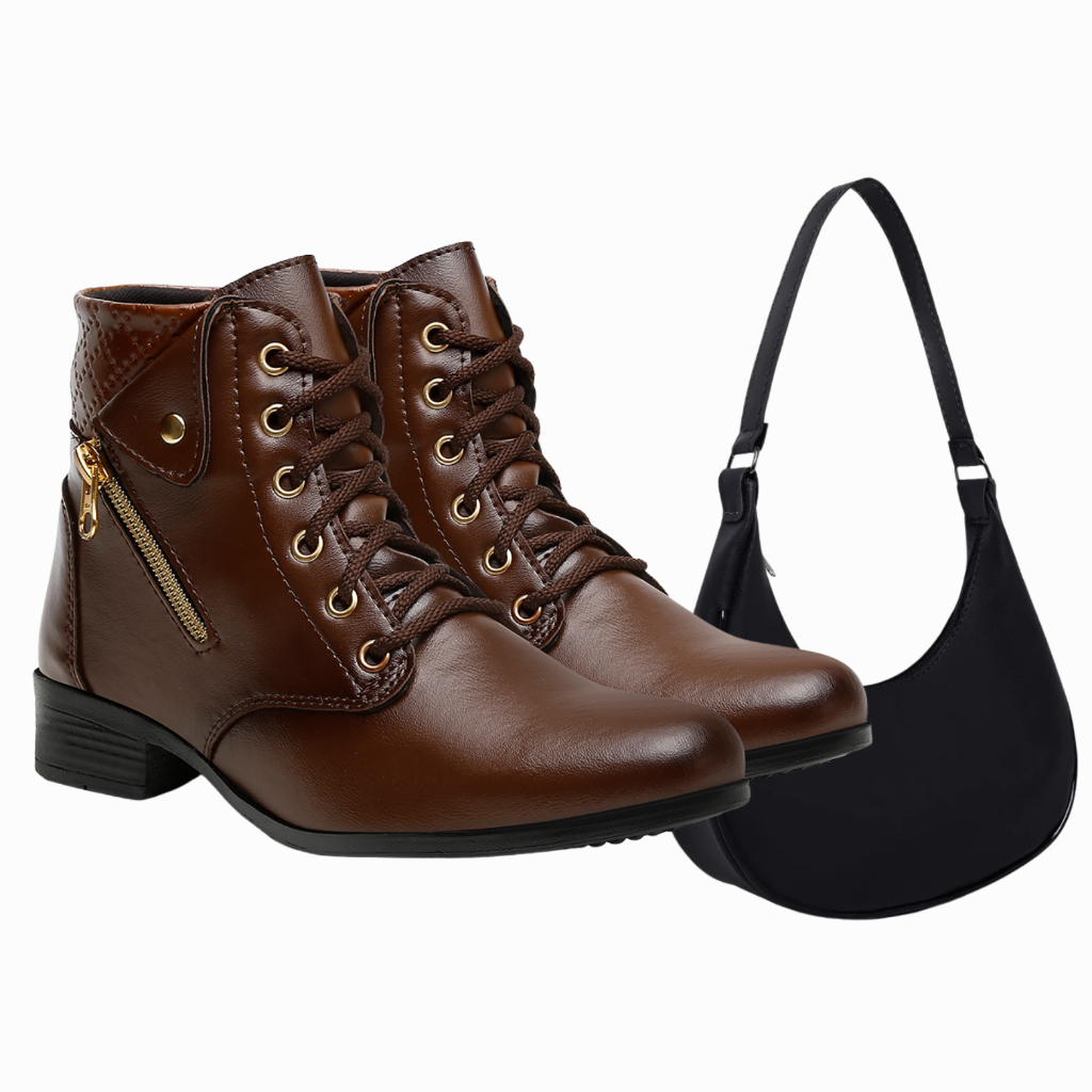 Kit Feminino Bota e Bolsa Em Couro Ecológico Solado de Borracha Antiderrapante Confortavél