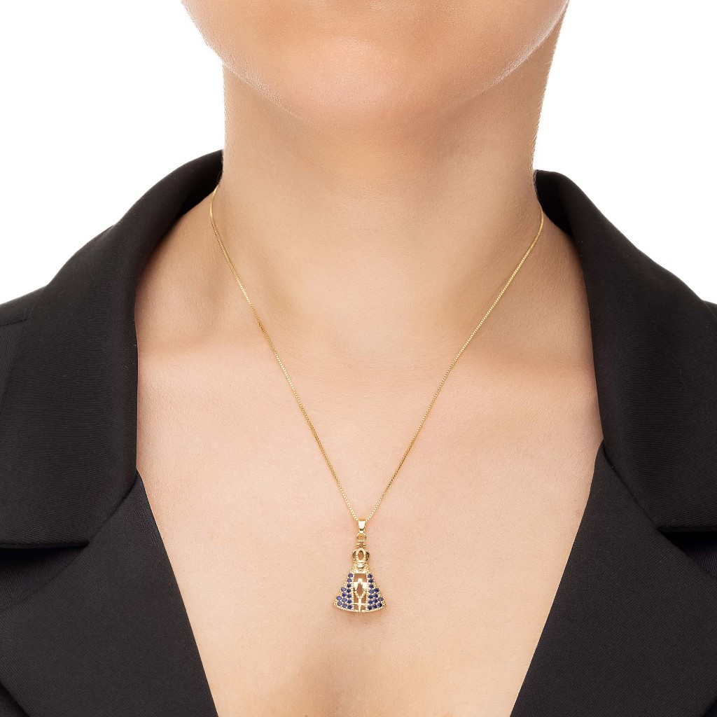 Colar Nossa Senhora Aparecida Com Zircônias Azul Banhado Ouro 18K