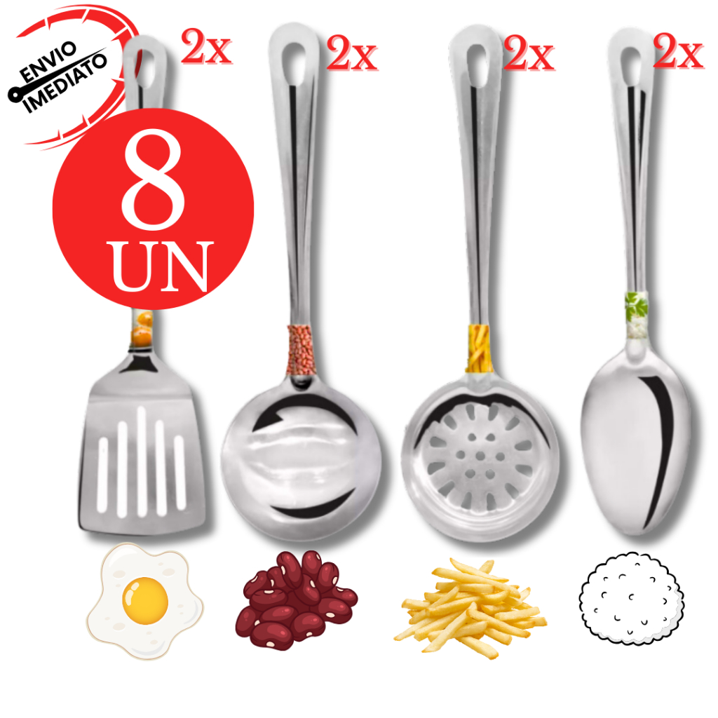 Kit Utensilios de Cozinha 8 Peças 100% Aço Inox Concha Escumadeira Espatula Colher Cozinha