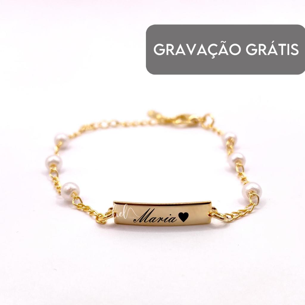 Pulseira de Perola Infantil RN Bebê Personalizada com gravação Nome Banhada a Ouro 18k em Oferta na Shopee