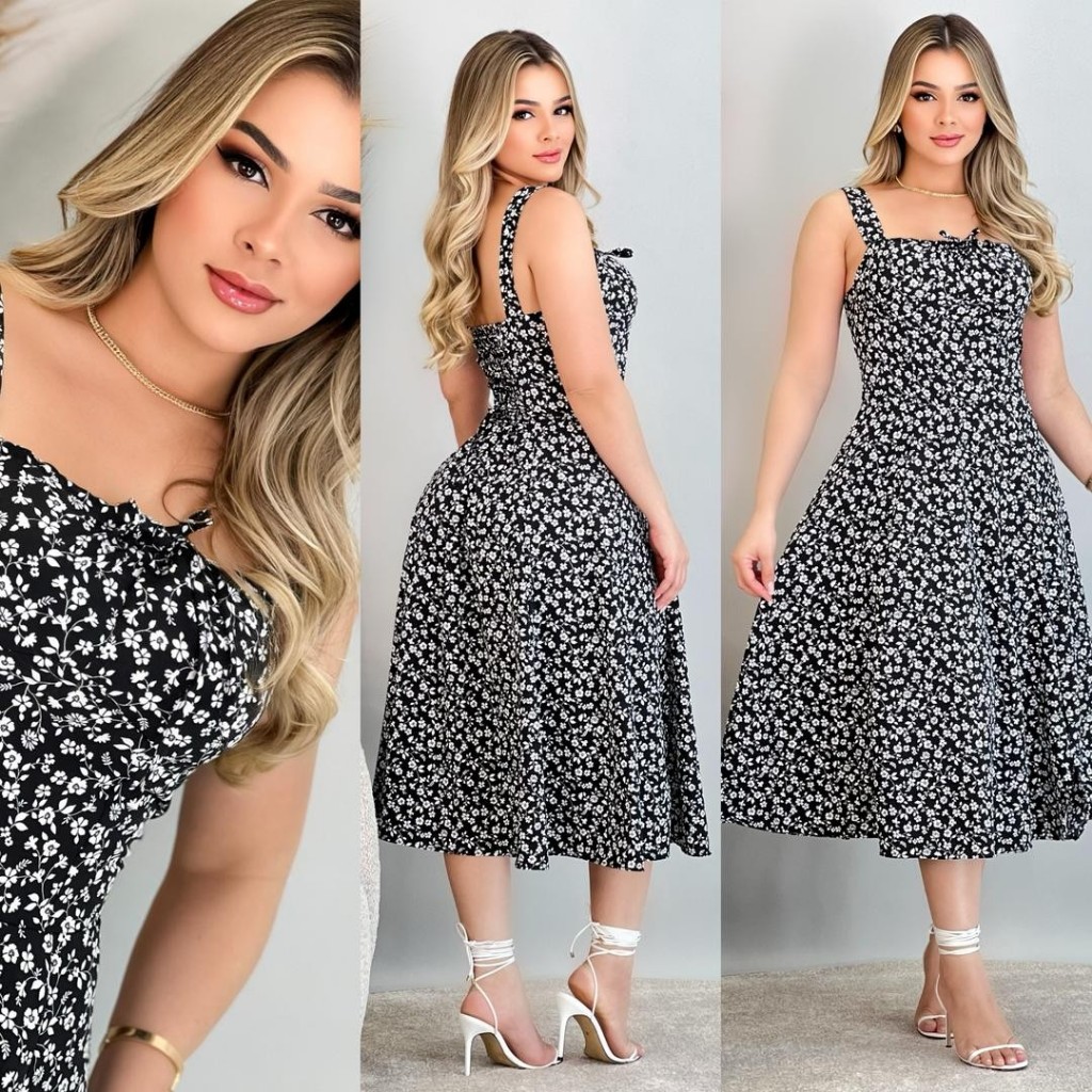vestido mídi romântico estampado floral com alça e elastex cruzado nas costas em Oferta na Shopee