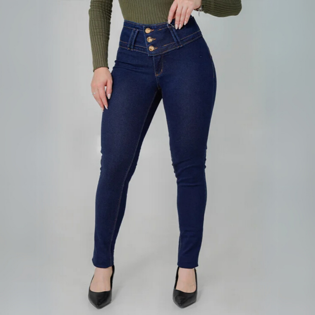Calça Feminina Jeans Cigarrete Chapa Barriga Três Botões Cintura Alta Modeladora Barra Reta Elastano