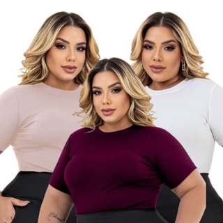 Kit 3 Blusa Feminina Plus Size Basica Canelada GG ao G3 em Oferta na Shopee