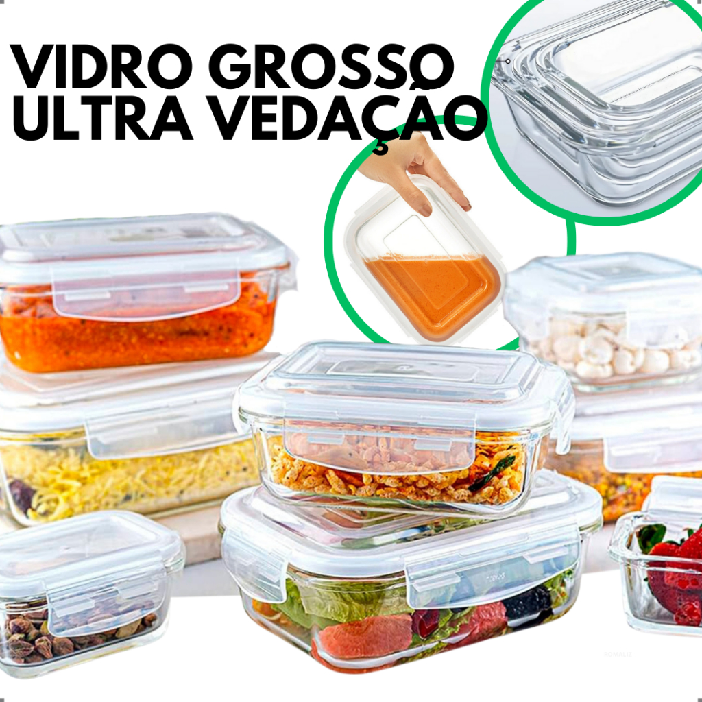 Marmita de Vidro 620ml Potes Hermético Quantidade Variada Retangular Tampa Travas Microondas Freezer em Oferta na Shopee