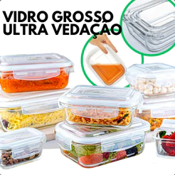 Marmita de Vidro 620ml Potes Hermético Quantidade Variada Retangular Tampa Travas Microondas Freezer