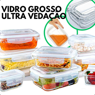 Marmita de Vidro 620ml Potes Hermético Quantidade Variada Retangular Tampa Travas Microondas Freezer