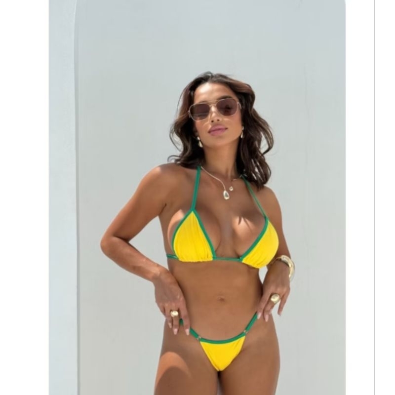 Biquíni Fita Ajustável Tendência Brasil Bronze Amarelo e Verde