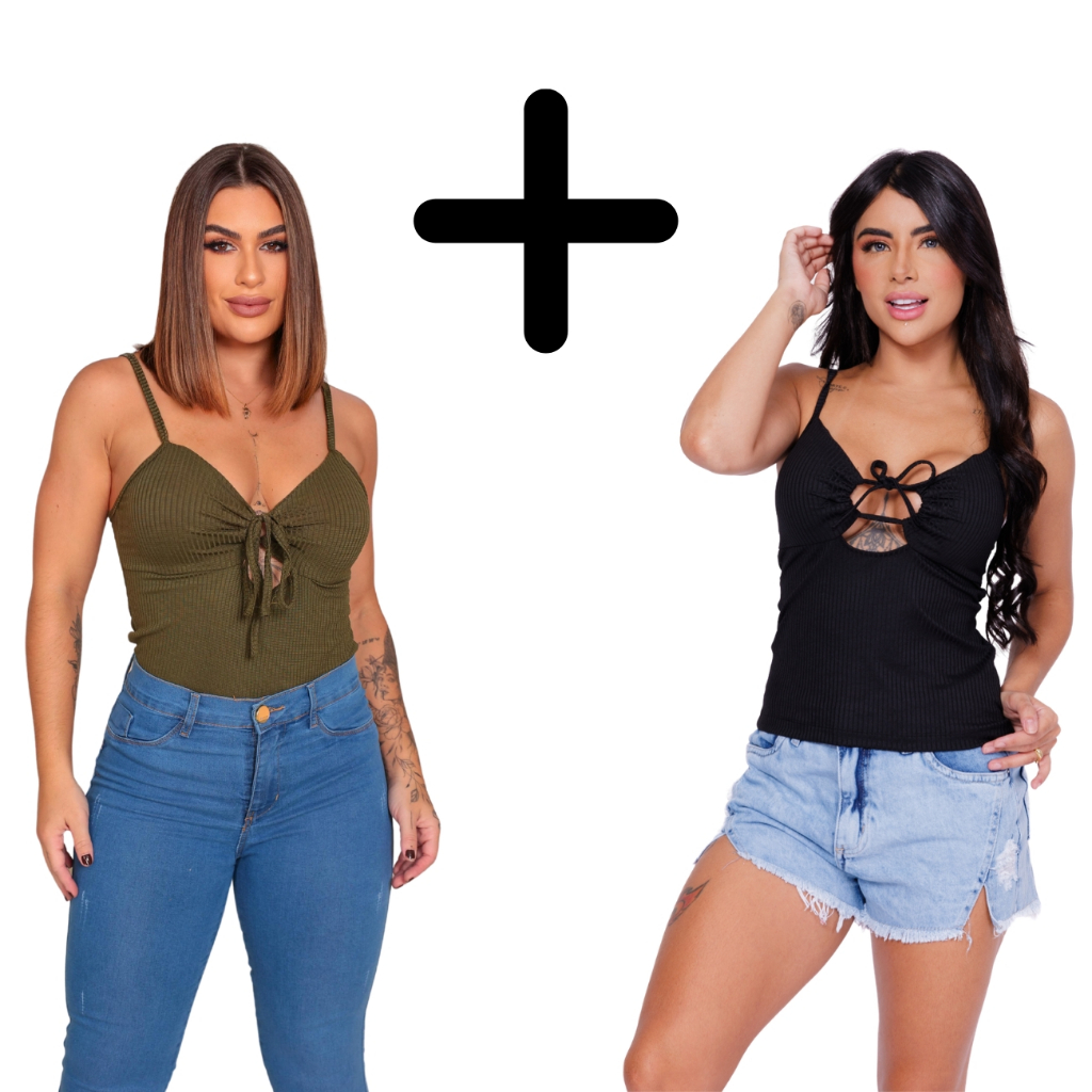 Kit 2 Blusas Feminina com Bojo de Alcinha Regata Alça Cropped Feminino Canelado Blusinha Argola