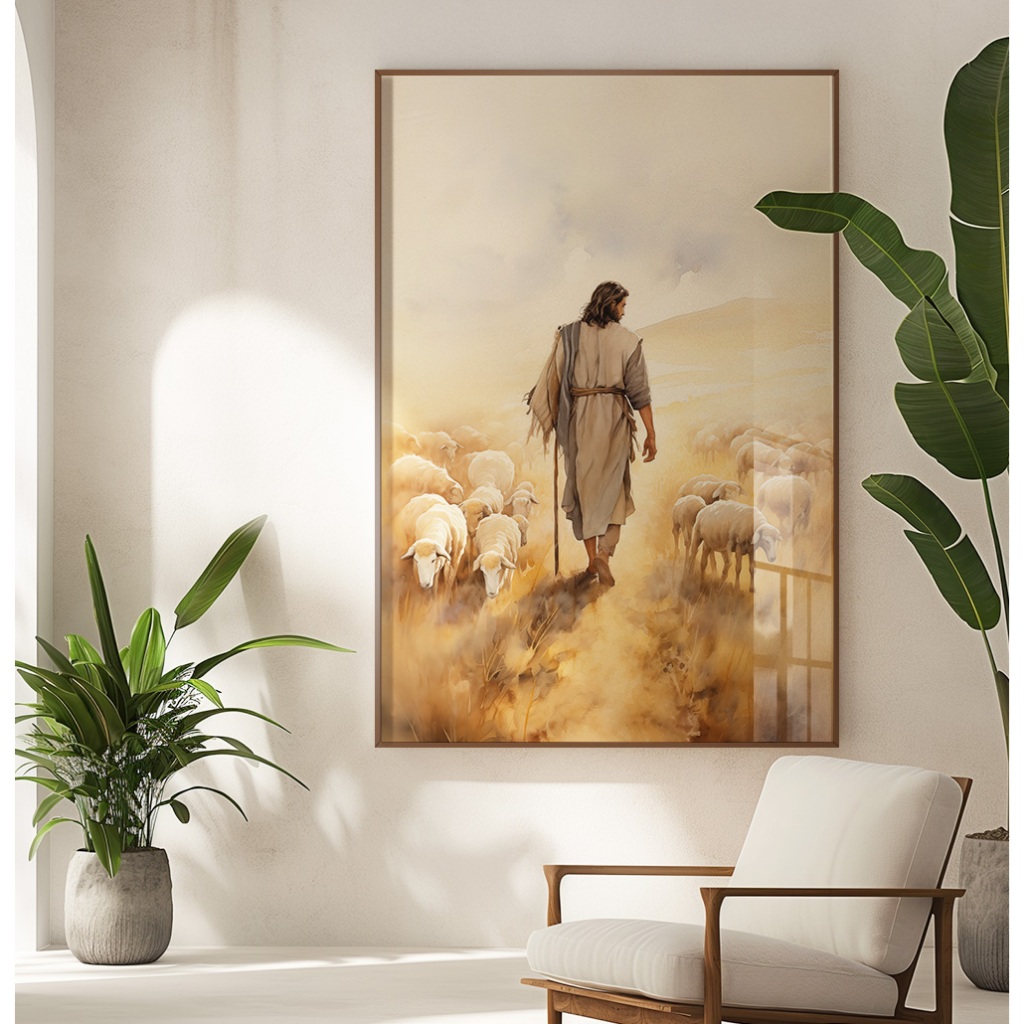 Imagem Quadro Decorativo Grande Com Moldura E Vidro Sala Quarto Casal Escritório Jesus Cristo E Ovelhas
