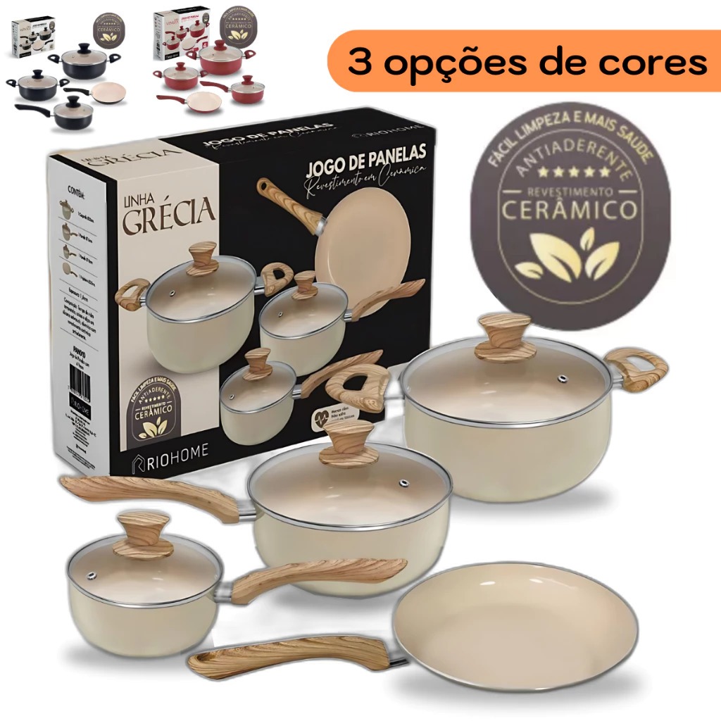 Kit Jogo de Panela 4 Peças – Revestimento Cerâmico Antiaderente Creme em Oferta na Shopee