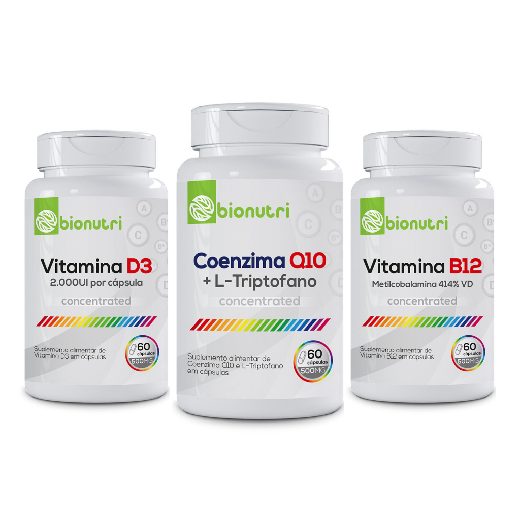 Kit de Suplementos Alimentares CoenzimaQ10 + Vitamina D3 + Vitamina B12 (60 cápsulas) - Bionutri
