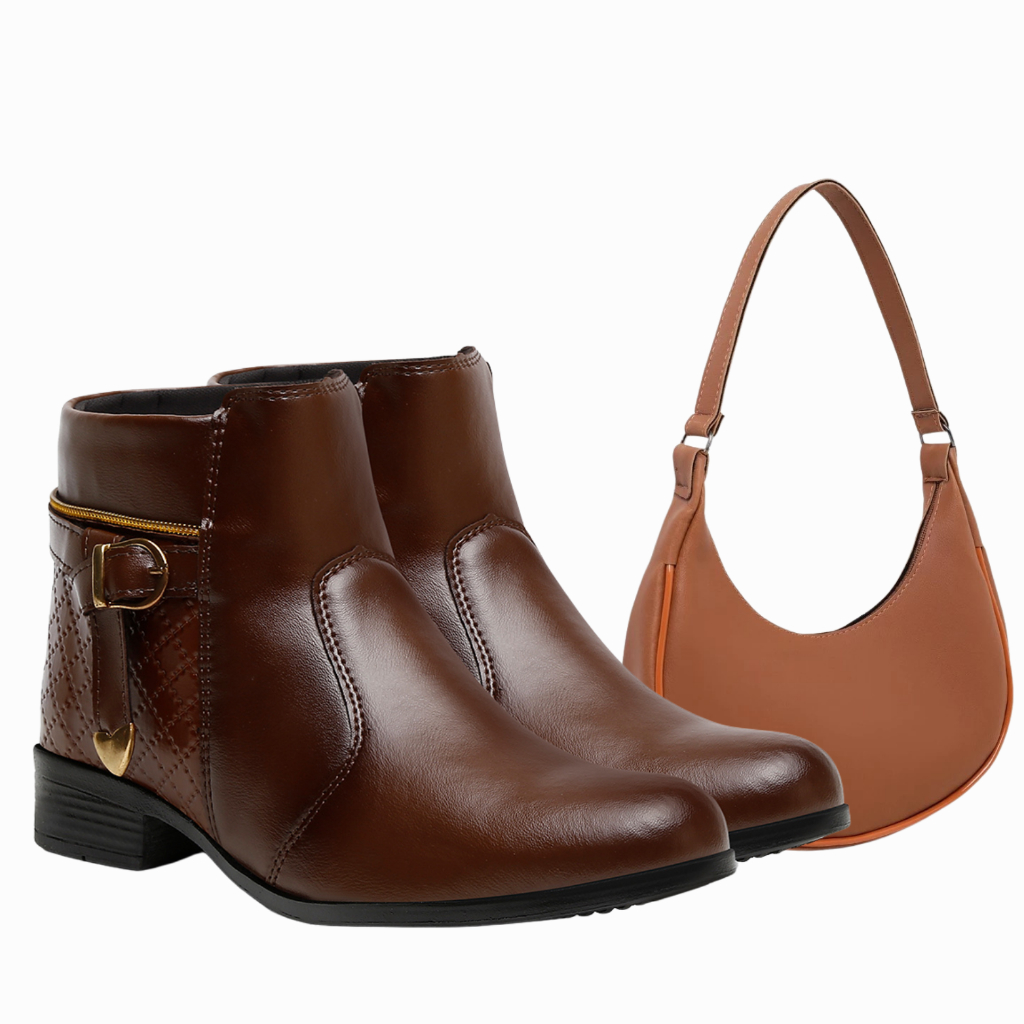 Kit Feminino Bolsa e Bota em Couro Ecológico Sola de Borracha Envio Rápido