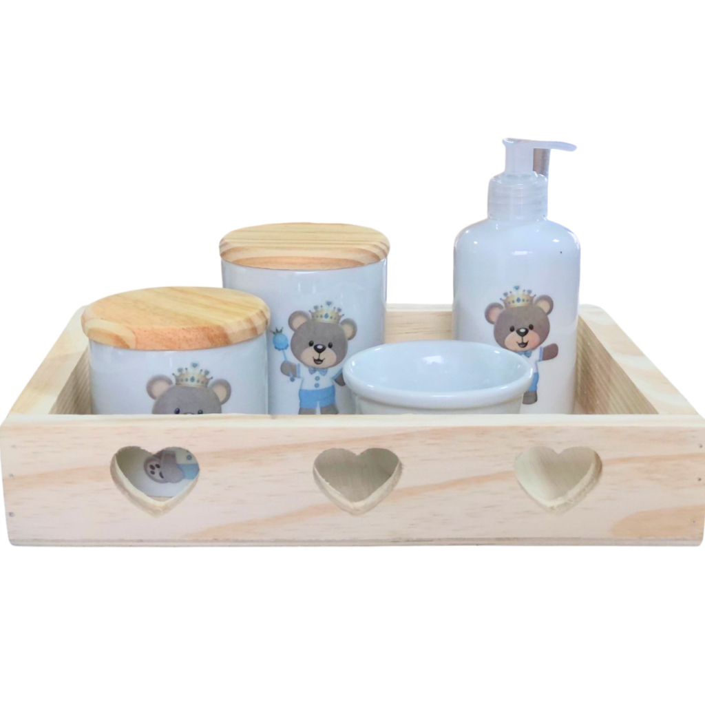 Kit higiene bebê Príncipe Ursinho Realeza 5 peças - Bandeja, potes, porta álcool e molhadeira - Peças Porcelana Bandeja