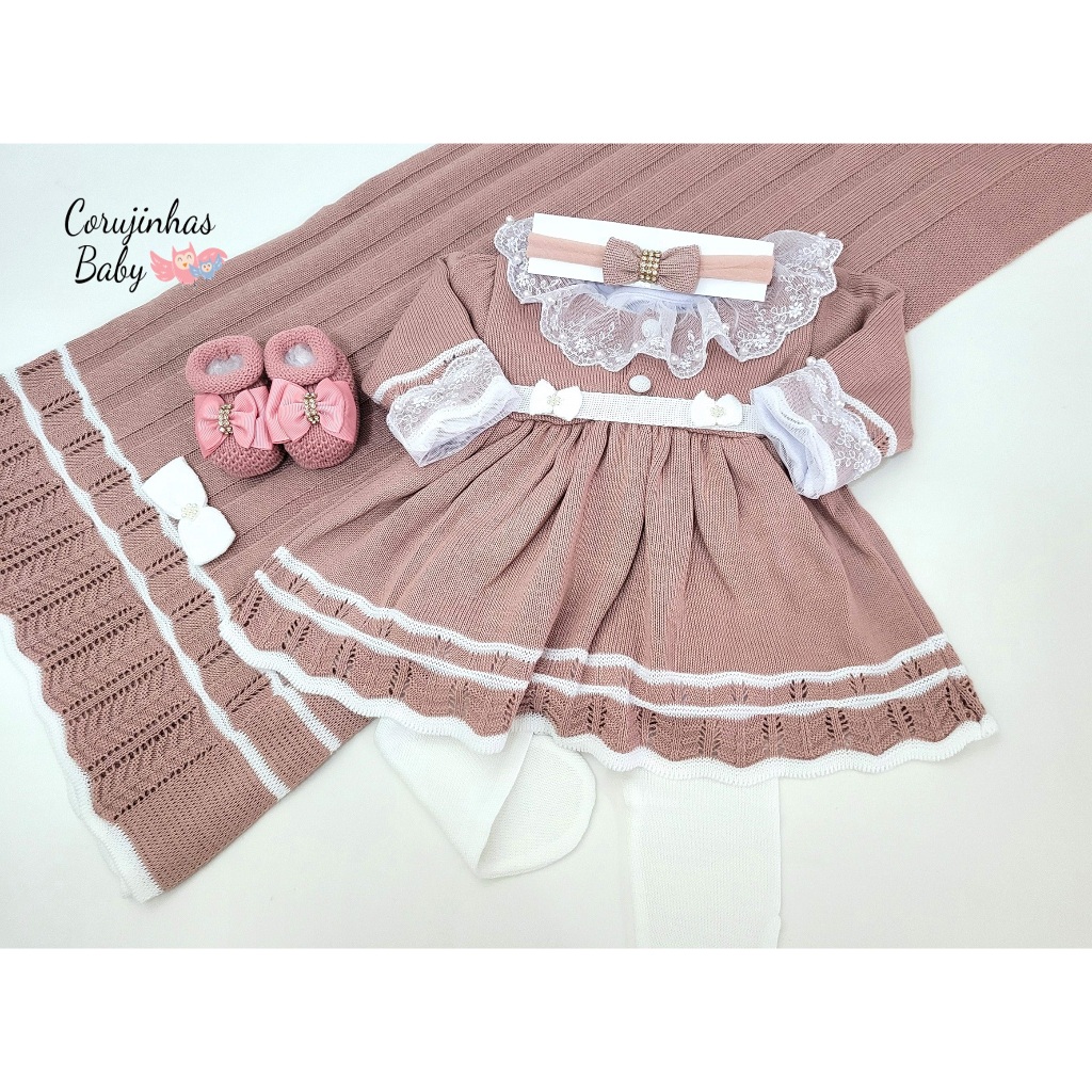 Saída de maternidade menina em tricô /tricot rosê com branco com vestido luxo feminina