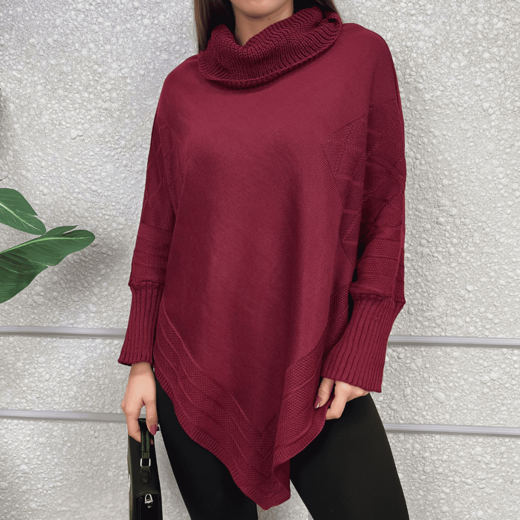 Poncho Bico Tricot Gola Alta com Punho Feminino Inverno Casaco Lã Capa Frio