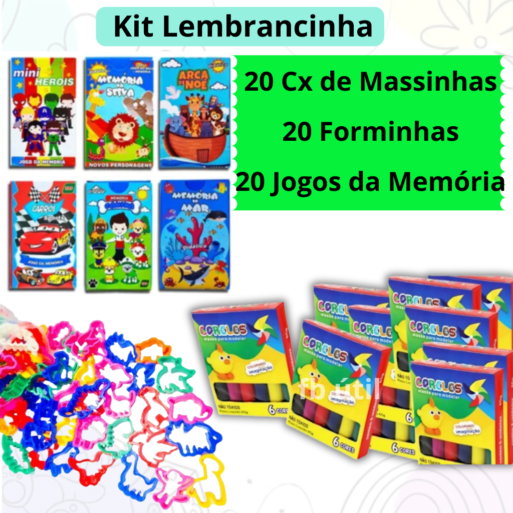 Kit 20 Caixinhas de Massinha 65gr+20 Forminhas+20 Jogos da Memória Sortidos Brinquedo Lembrancinha Infantil Festa em Oferta na Shopee