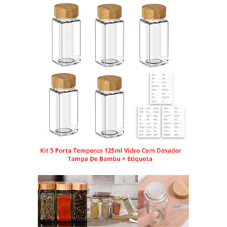 Kit 5 Porta Temperos de Vidro Com Dosador 125ml Tampa De Bambu + Etiqueta Adesiva em Oferta na Shopee
