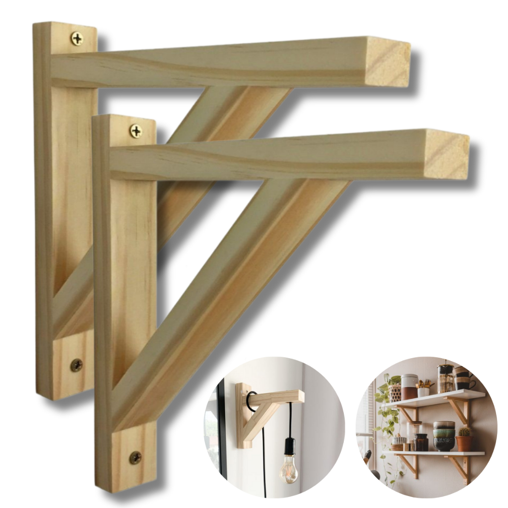 Kit C/2 Mão Francesa Par Conjunto Suporte Prateleira Vaso De Planta Decoração Rústico Madeira Pinus